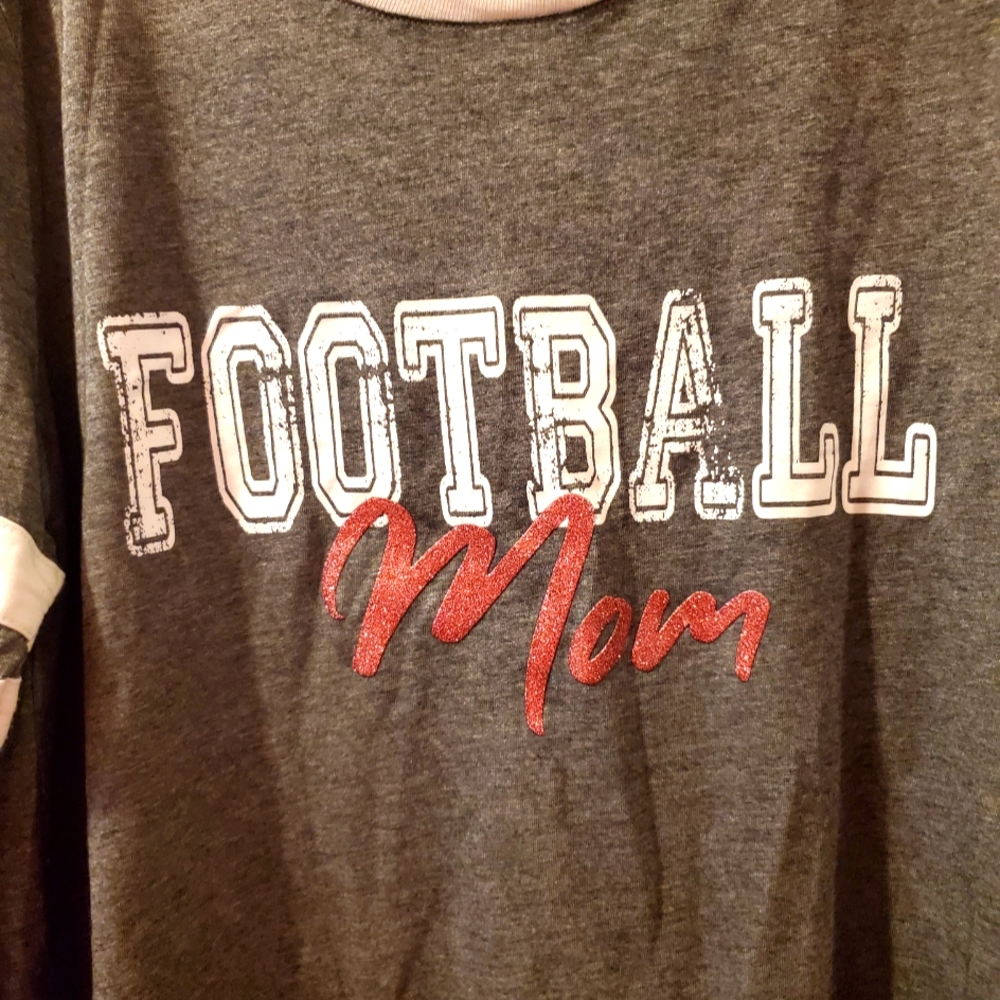Grey, white, red distressed Football Mom long sleeve ringer tee 1X